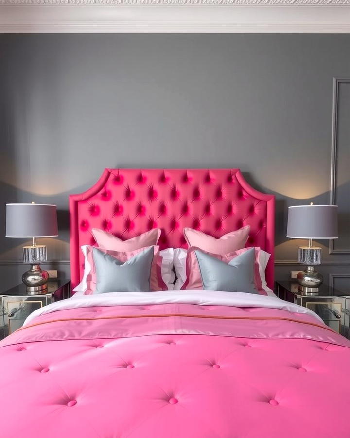 Statement Pink Headboard Against Grey Walls - 25 Pink and Grey Bedroom Ideas