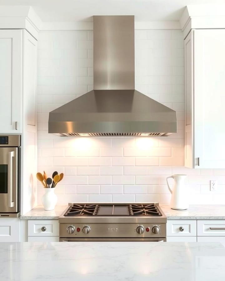 Statement Range Hood in Stainless Steel - 25 White Kitchen with Stainless Steel Appliances Ideas