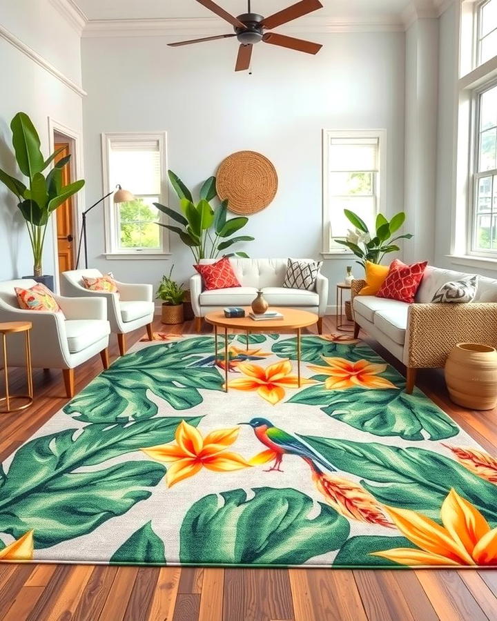 Statement Rugs with Tropical Patterns - 25 Tropical Living Room Ideas