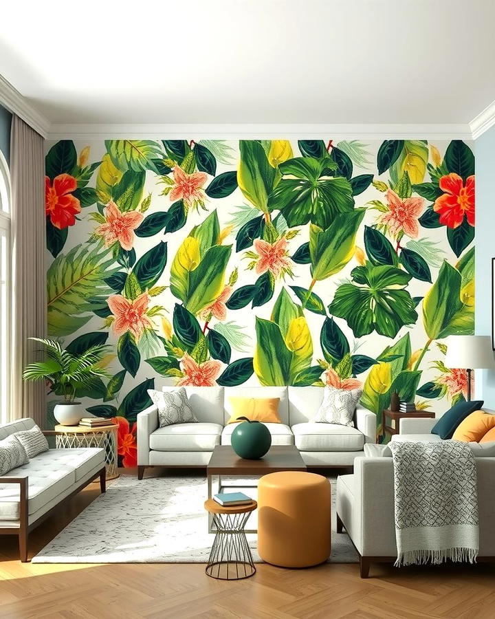 Statement Tropical Wallpaper - 25 Tropical Living Room Ideas