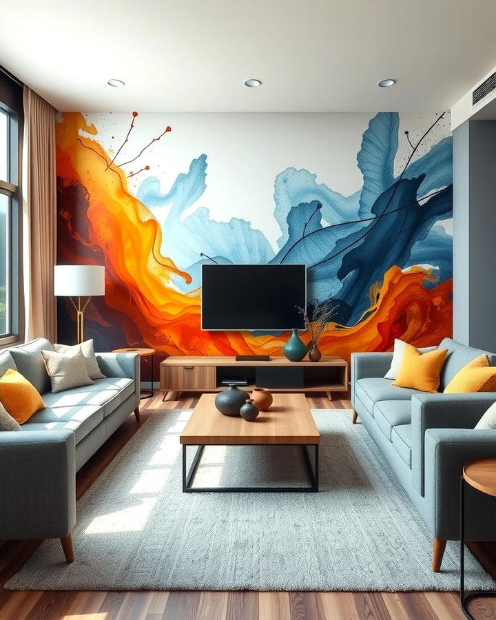 Statement Wall Murals - 25 orange and blue living room ideas