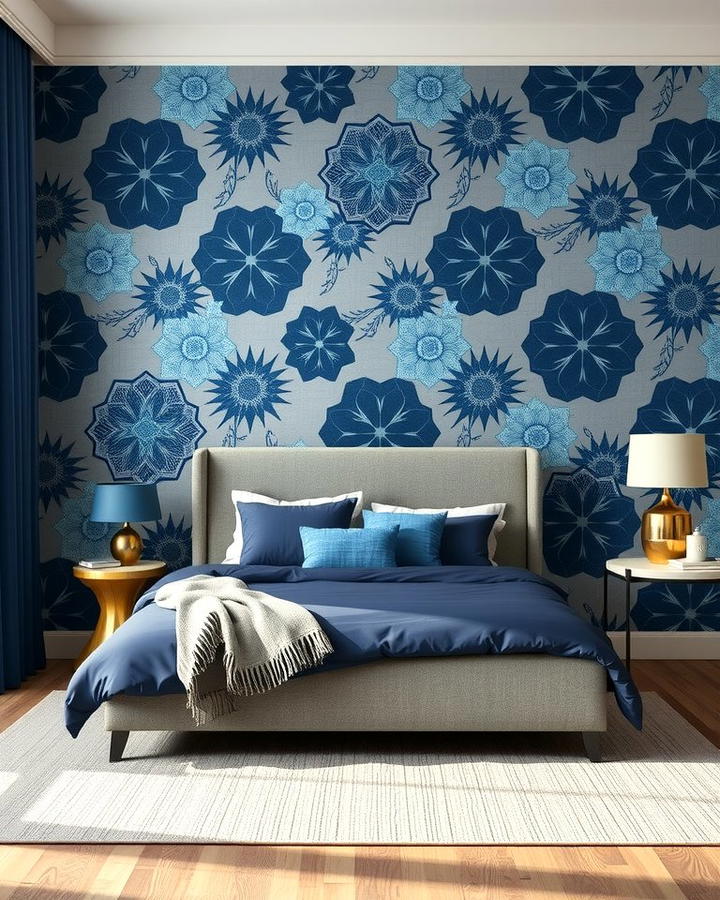 Statement Wallpaper with Patterns - 25 Navy Blue and Grey Bedroom Ideas