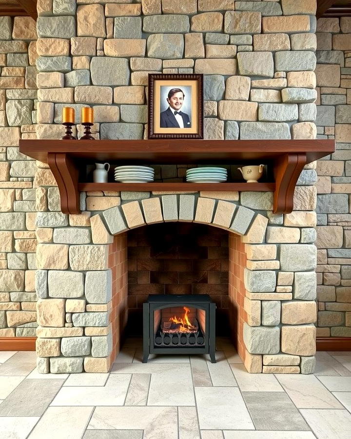 Stone Clad Fireplace with Wooden Mantel - 25 Spanish Style Fireplace Ideas