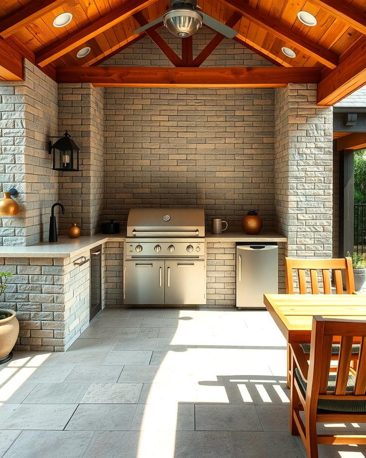 Stone Clad Outdoor Kitchen - 30 Farmhouse Patio Ideas