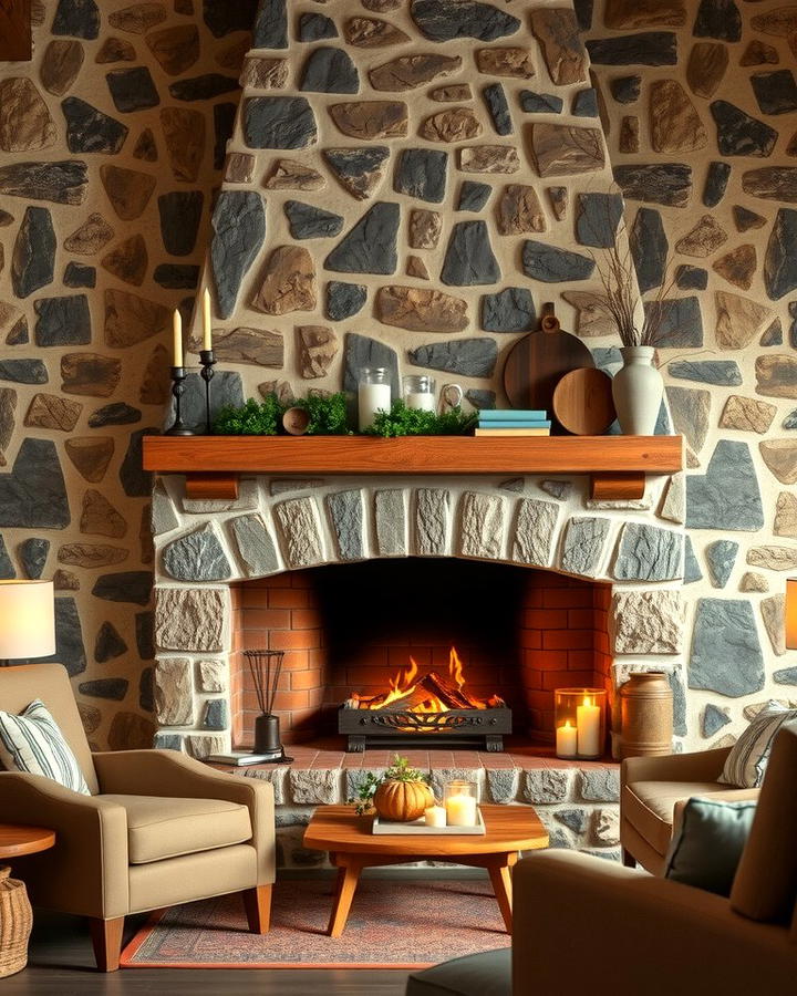 Stone Fireplace with Wooden Mantel - 25 Rustic Fireplaces