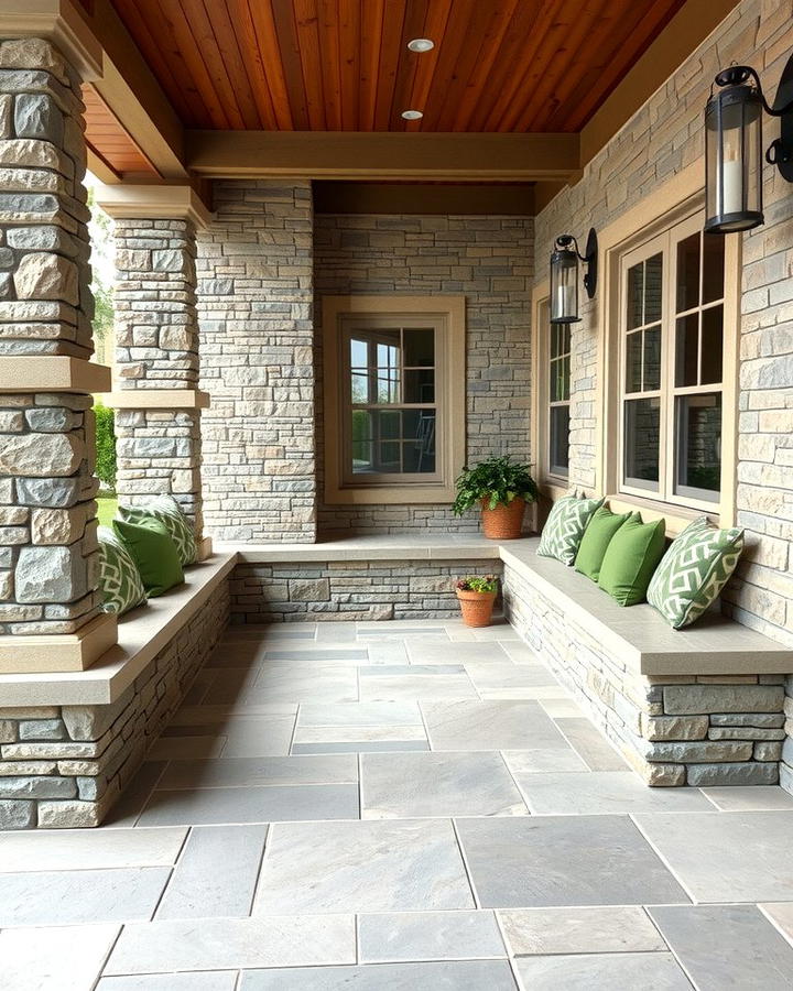 Stone Porch with Built In Seating - 25 Stone Porch Ideas