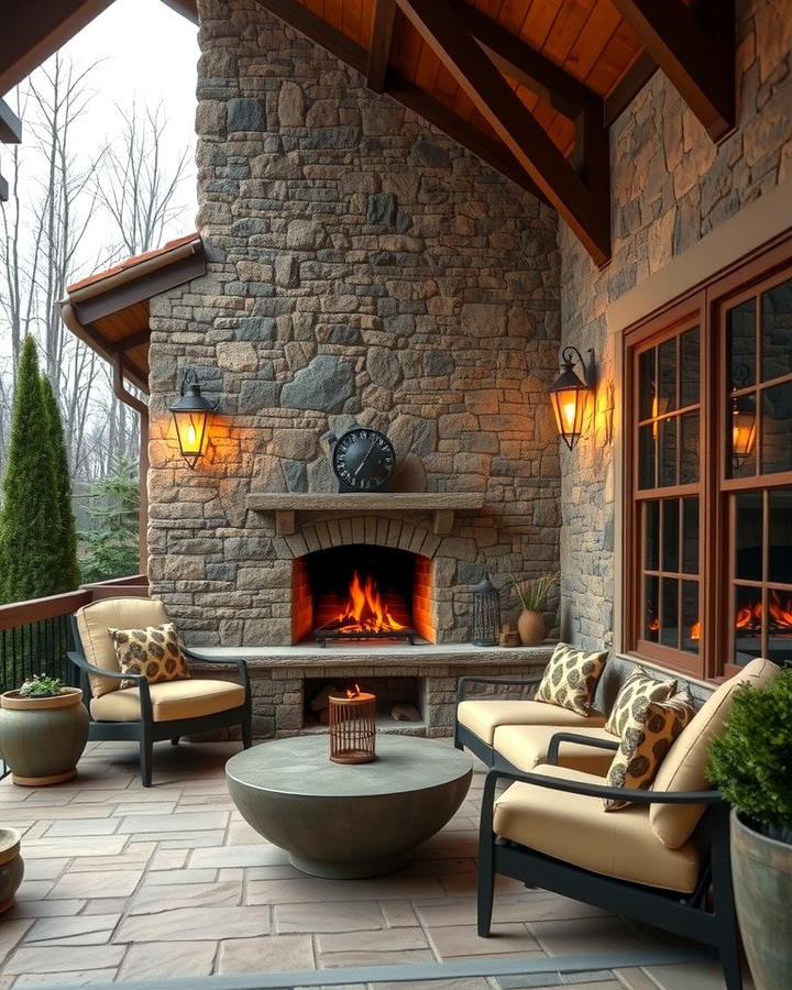 Stone Porch with Outdoor Fireplace - 25 Stone Porch Ideas