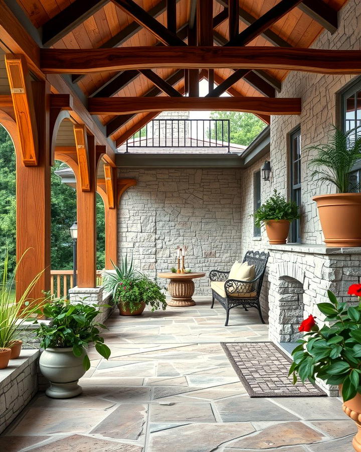 Stone Porch with Wooden Accents - 25 Stone Porch Ideas