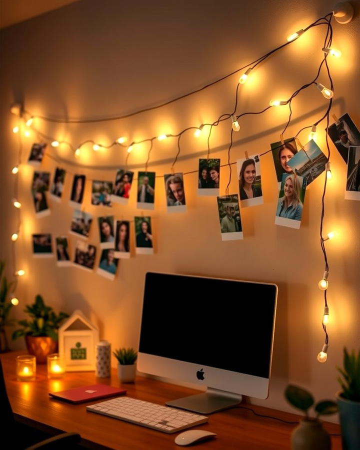 String Lights with Photos - 25 Office Wall Decor Ideas