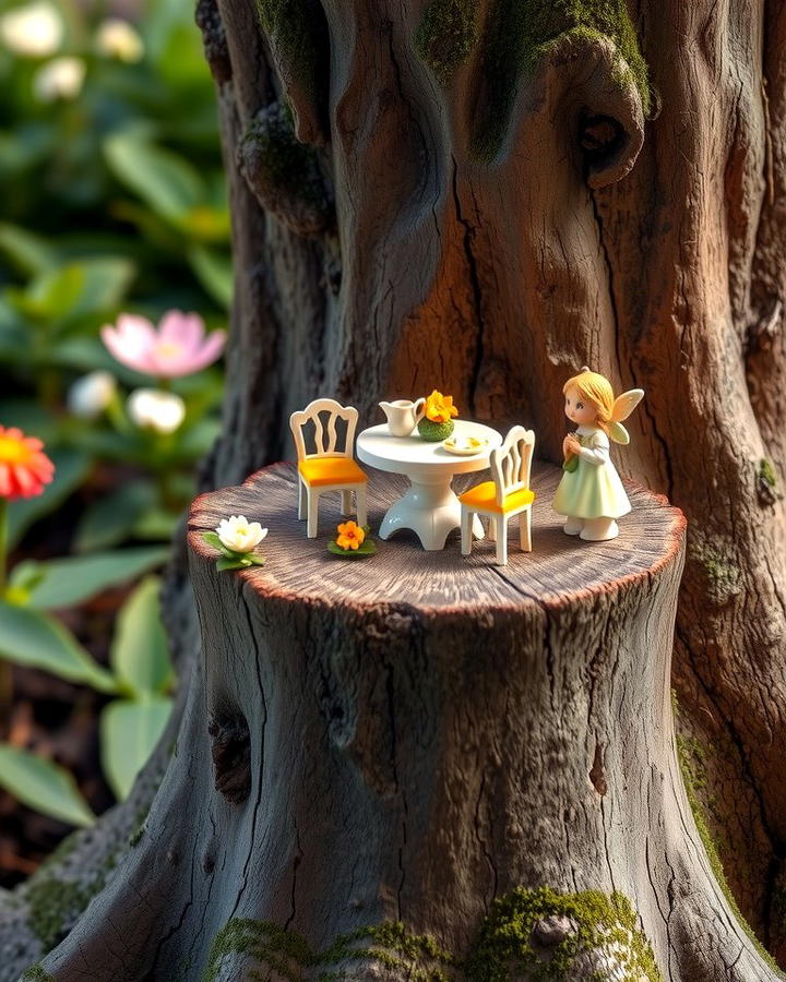 Stump Fairy Tea Party Scene - 25 Tree Stump Fairy Garden Ideas