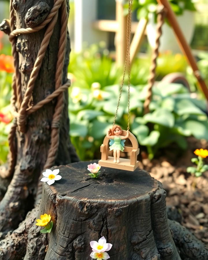 Stump with Fairy Swing - 25 Tree Stump Fairy Garden Ideas