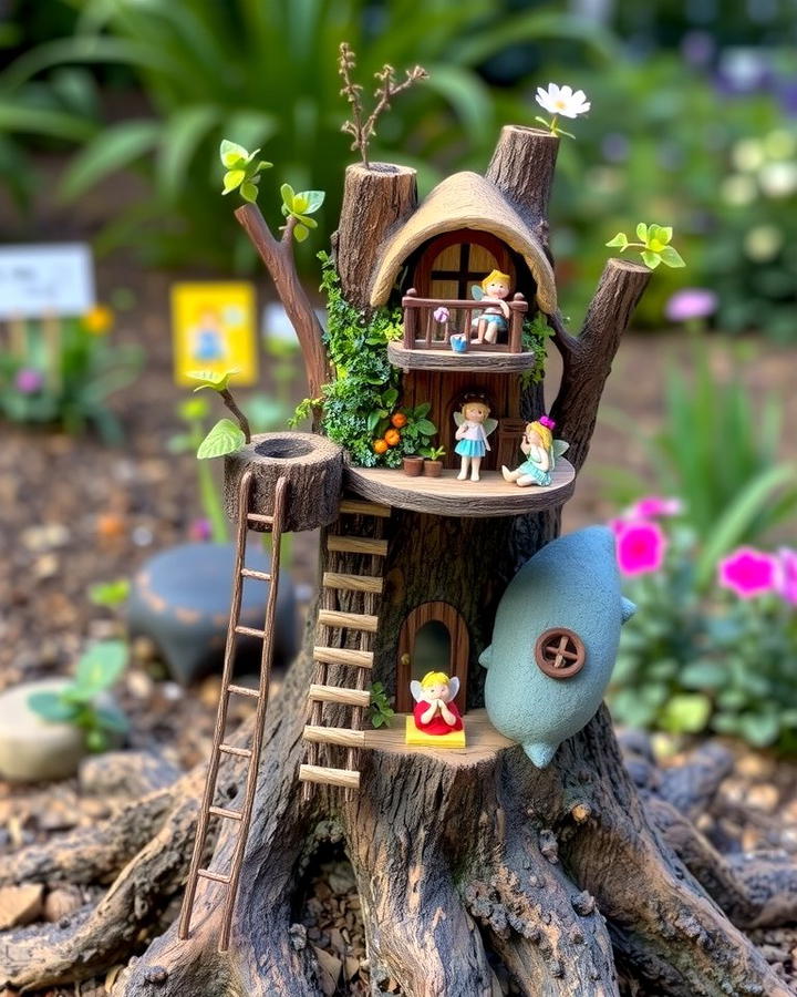 Stump with Miniature Treehouse - 25 Tree Stump Fairy Garden Ideas