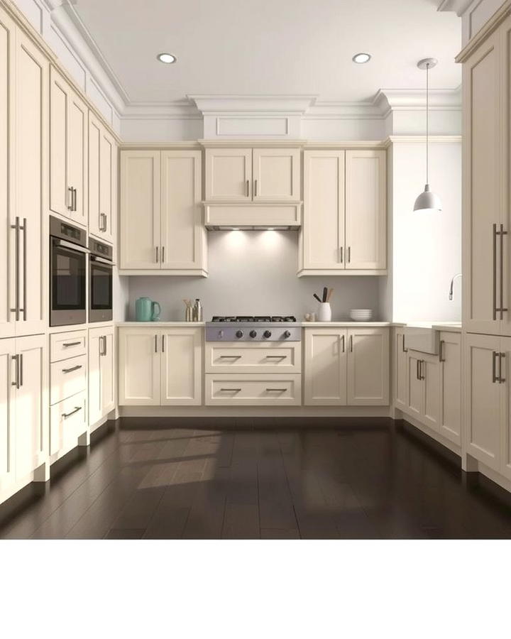 Subdued Contrast with Dark Flooring - 25 Off-white Kitchen Cabinets