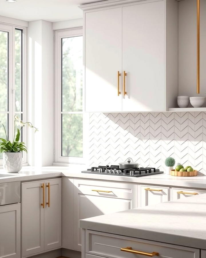 Subtle Chevron Pattern with Gold Accents - 25 White and Gold Kitchen Backsplash Ideas