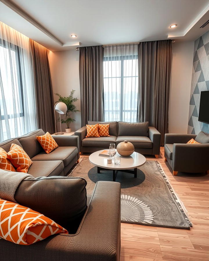 Subtle Orange Patterns on Grey Upholstery - 25 Orange and Grey Living Room Ideas