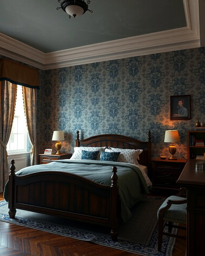 Subtle Patterned Wallpaper - 30 dark academia bedroom ideas