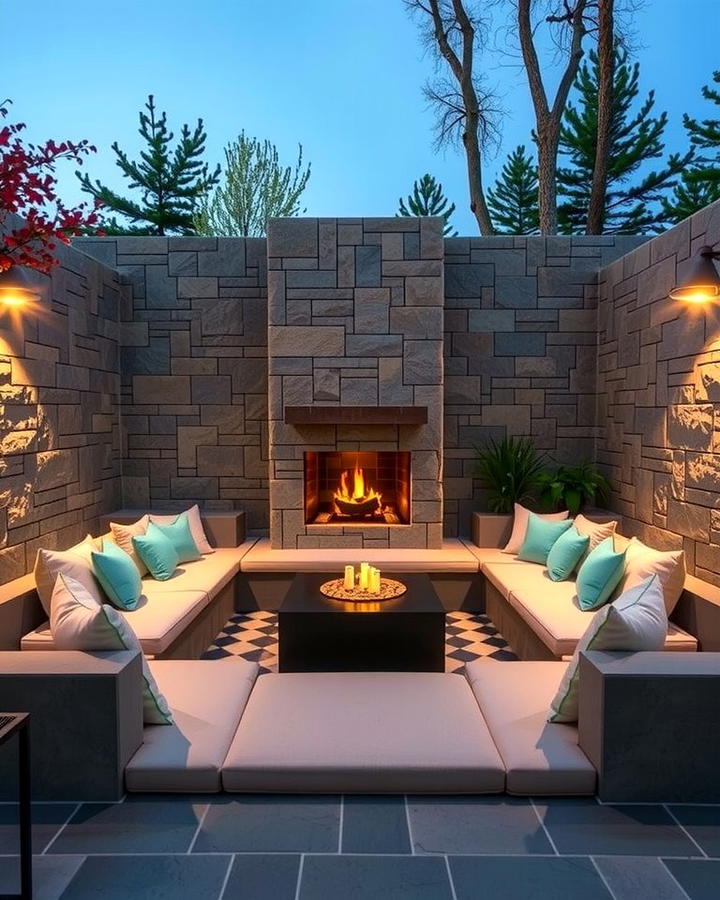 Sunken Lounge with a Corner Fireplace - 25 Outdoor Corner Fireplace Ideas