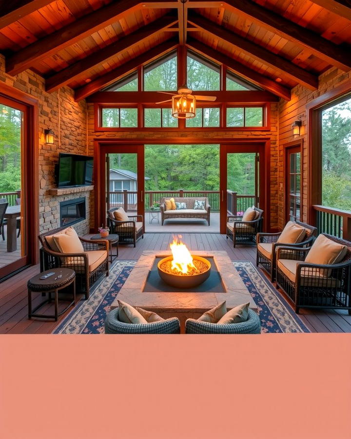 Sunroom and Deck with Fire Pit - 25 Sunroom and Deck Combo Ideas