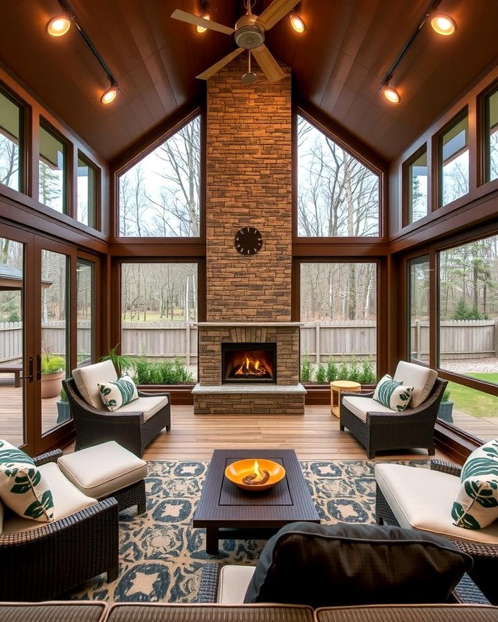 Sunroom with Deck and Outdoor Fireplace - 25 Sunroom and Deck Combo Ideas