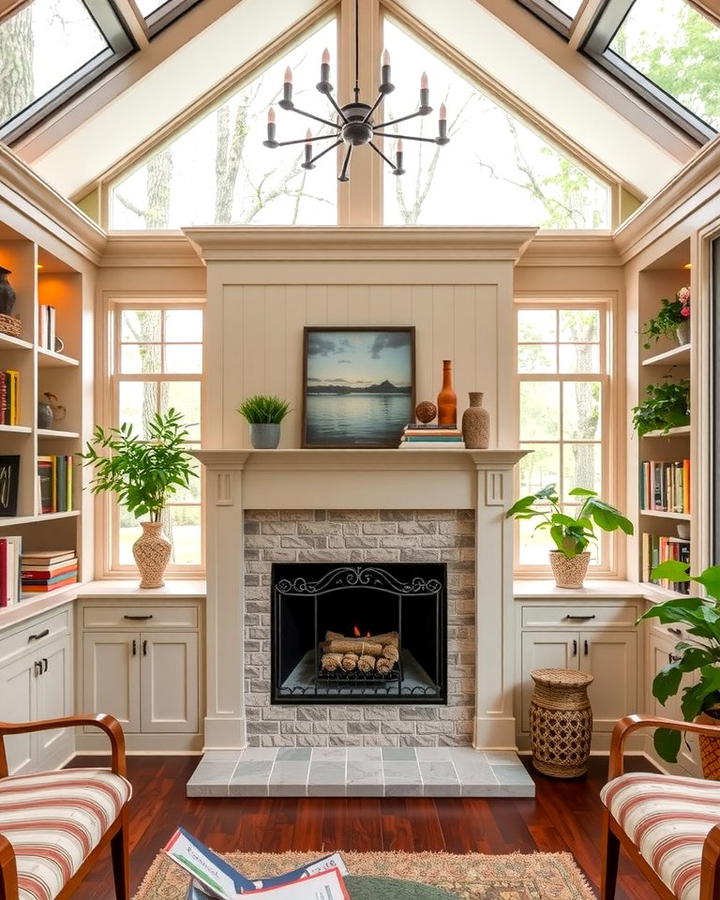 Sunroom with a Built In Fireplace Nook - 25 Sunroom With Fireplace Ideas