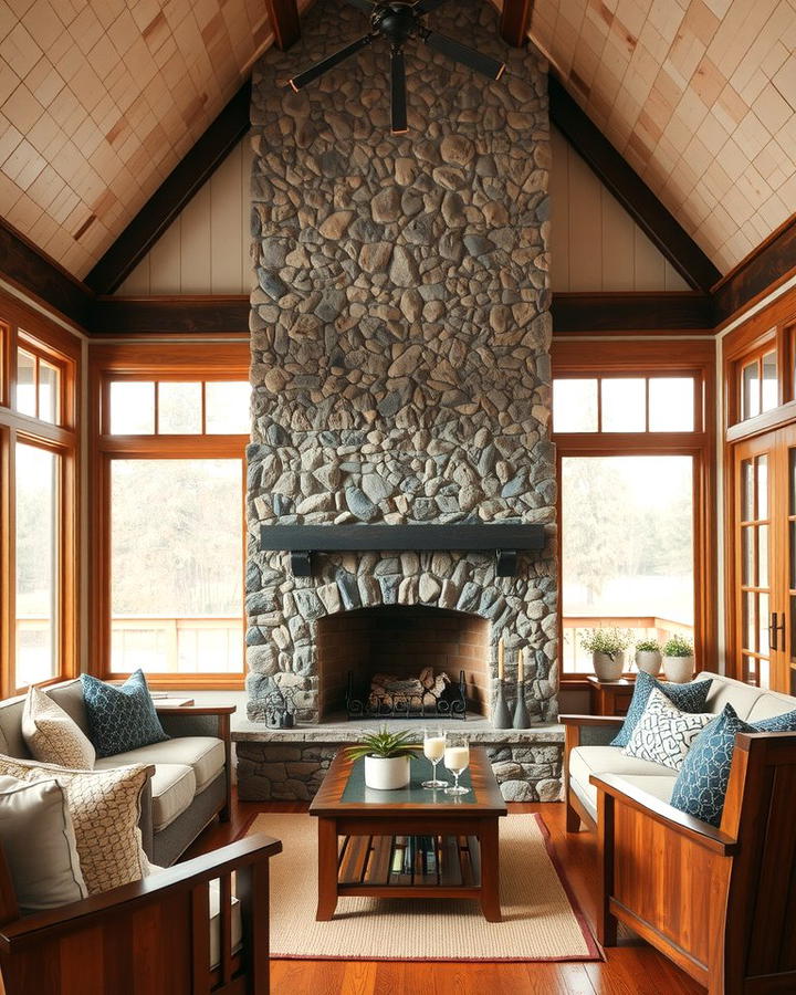 Sunroom with a Rustic Stone Fireplace - 25 Sunroom With Fireplace Ideas