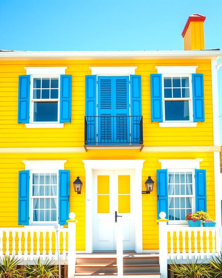 Sunshine Yellow with Blue Shutters - 25 Yellow Exterior Home Ideas