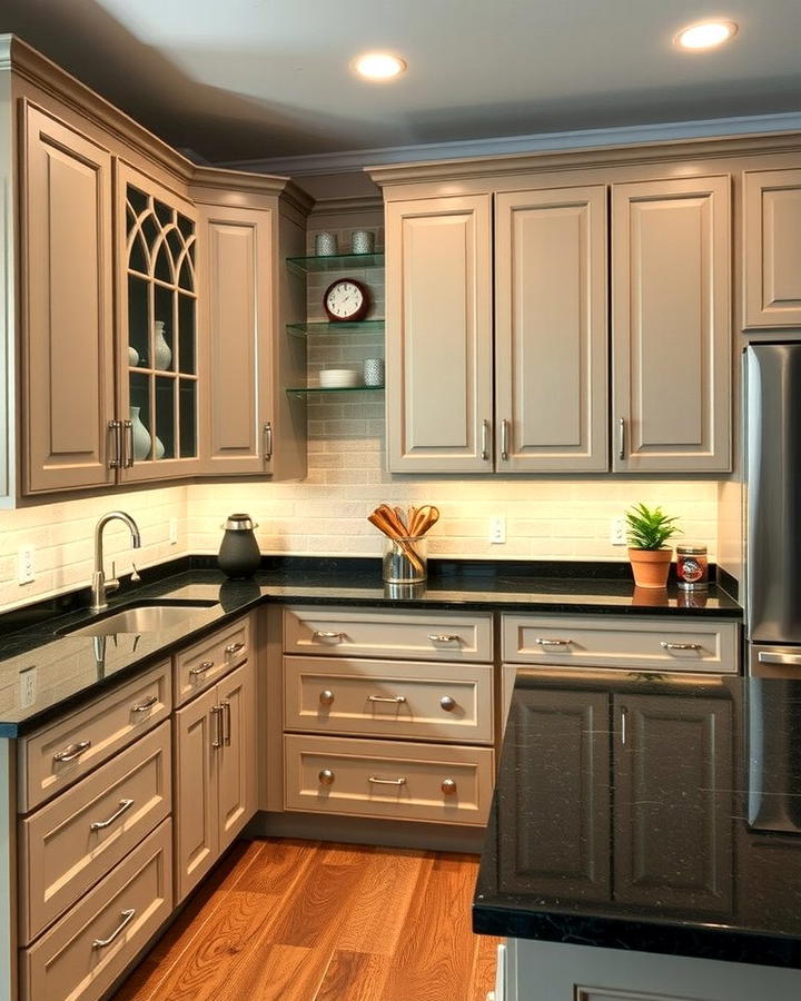 Taupe Cabinets with Dark Countertops - 30 Taupe Kitchen Cabinet Ideas