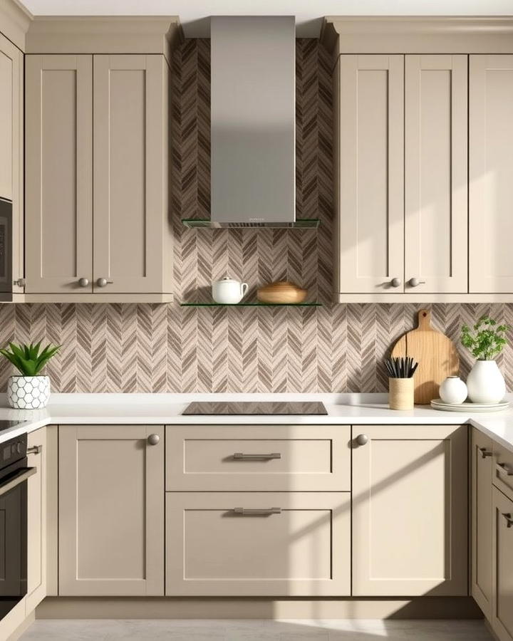 Taupe Cabinets with Herringbone Backsplash - 30 Taupe Kitchen Cabinet Ideas