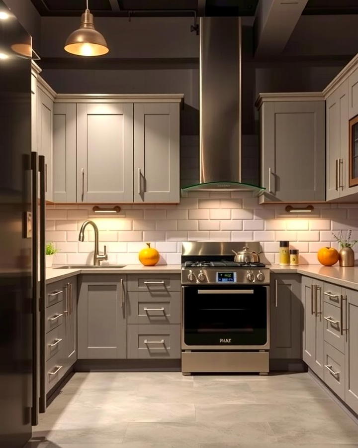 Taupe Cabinets with Industrial Lighting - 30 Taupe Kitchen Cabinet Ideas