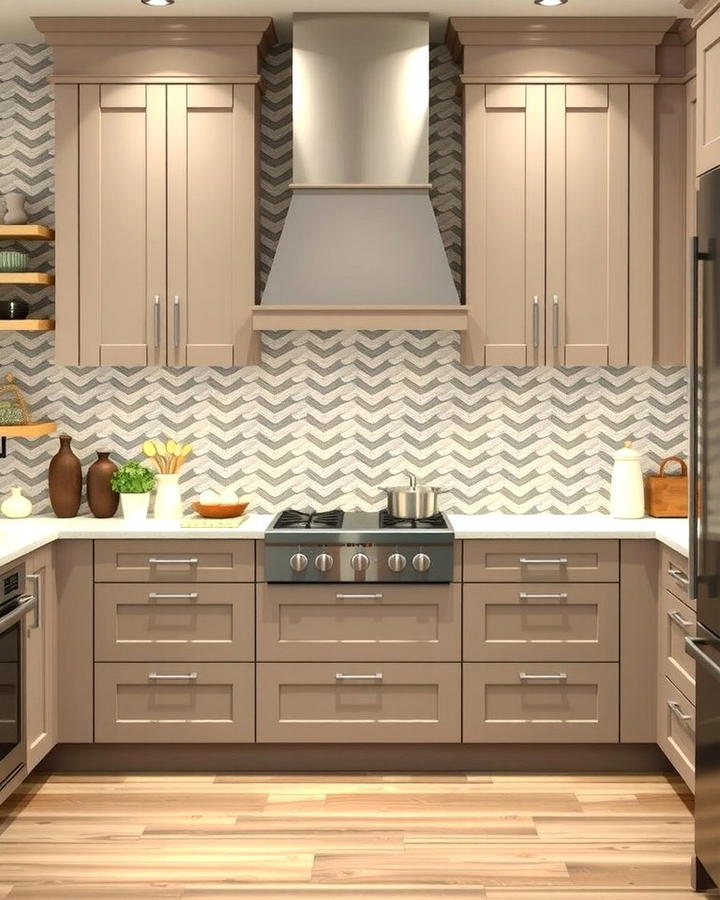 Taupe Cabinets with Patterned Backsplash - 30 Taupe Kitchen Cabinet Ideas