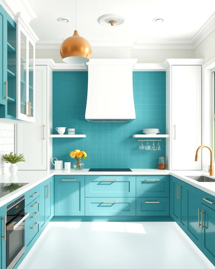 Teal Accent Wall with White Fixtures - 25 Teal and White Kitchen Ideas