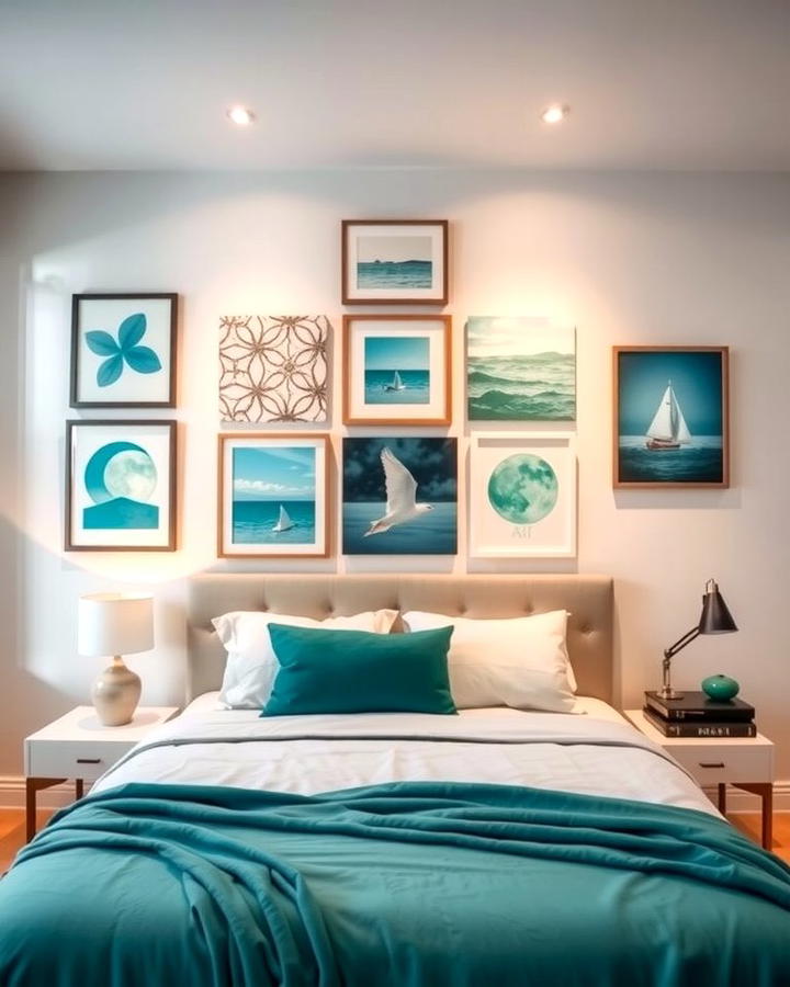 Teal Art Gallery Wall - 25 Teal Bedroom Ideas