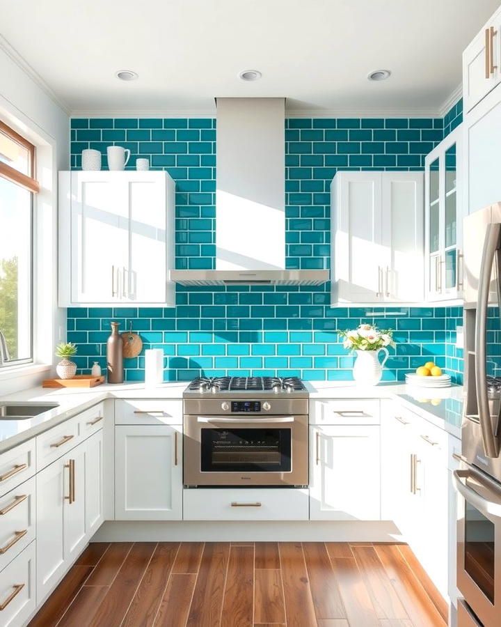 Teal Backsplash with White Cabinets - 25 Teal and White Kitchen Ideas