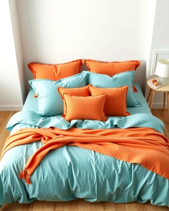 Teal Bedding with Orange Throw Pillows - 25 Teal and Orange Bedroom Ideas