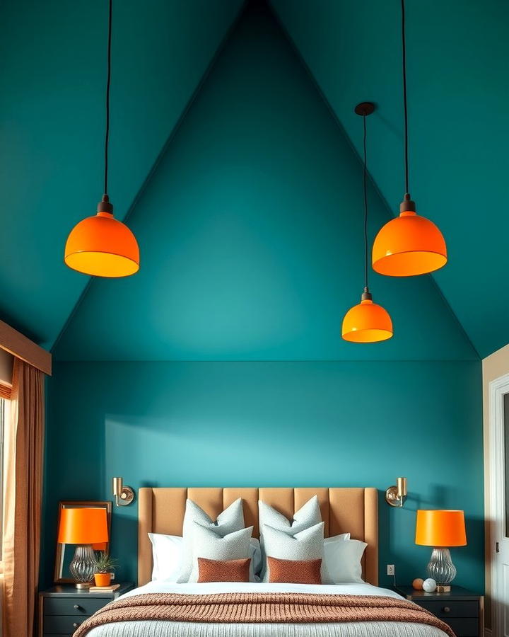 Teal Ceiling with Orange Pendants - 25 Teal and Orange Bedroom Ideas