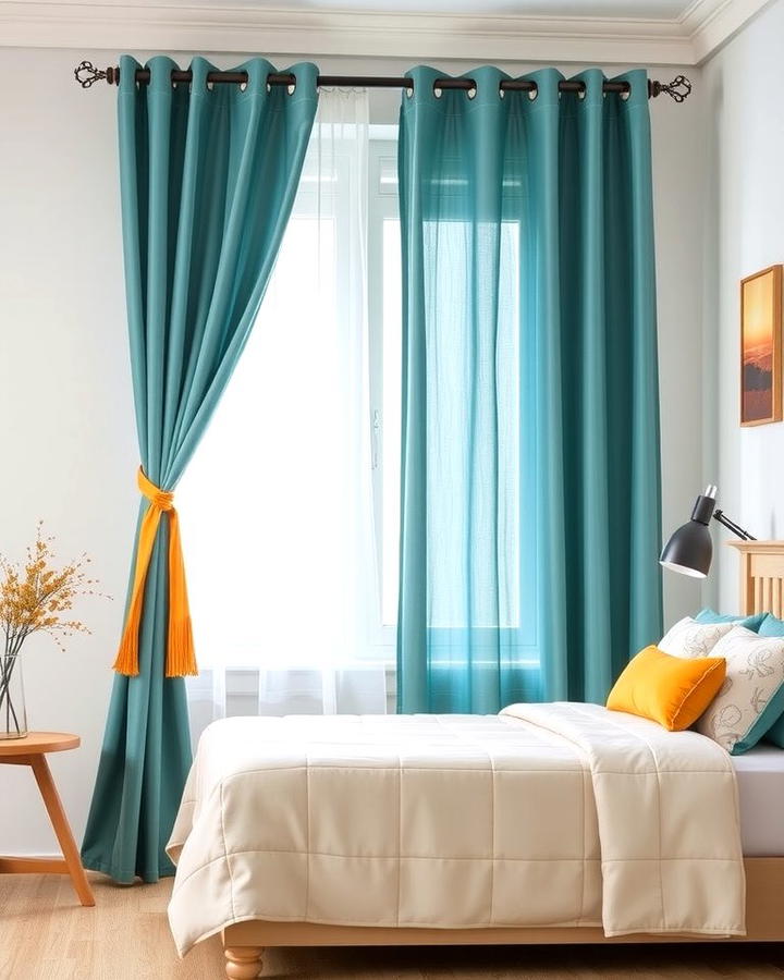 Teal Curtains with Orange Tiebacks - 25 Teal and Orange Bedroom Ideas