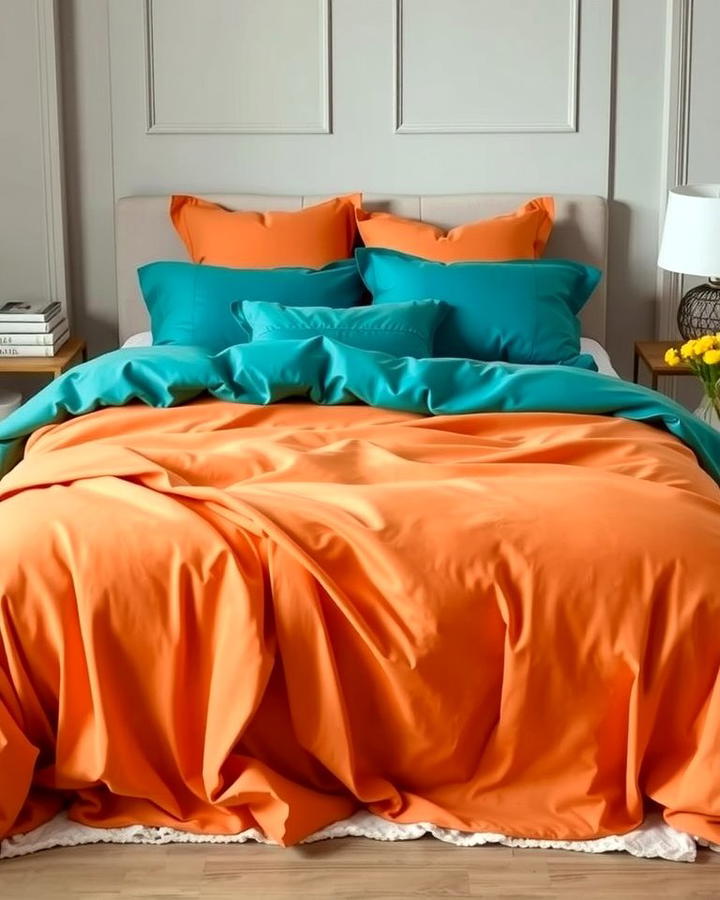 Teal Duvet with Orange Bed Skirt - 25 Teal and Orange Bedroom Ideas