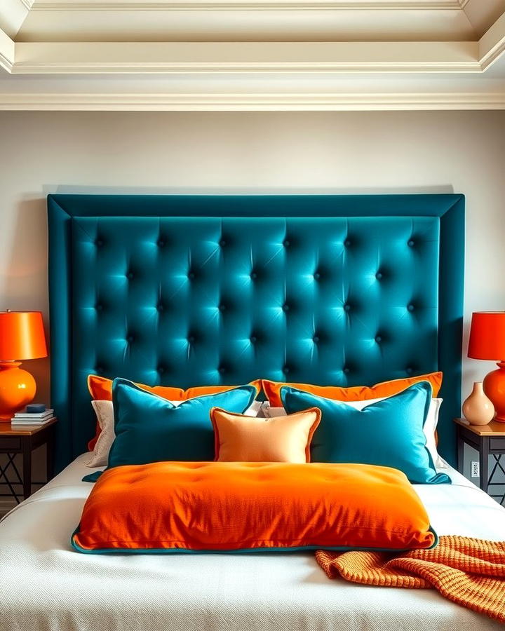 Teal Headboard with Orange Accents - 25 Teal and Orange Bedroom Ideas