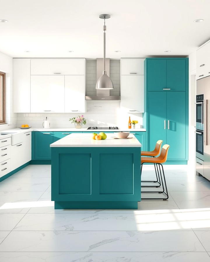 Teal Island with White Surroundings - 25 Teal and White Kitchen Ideas