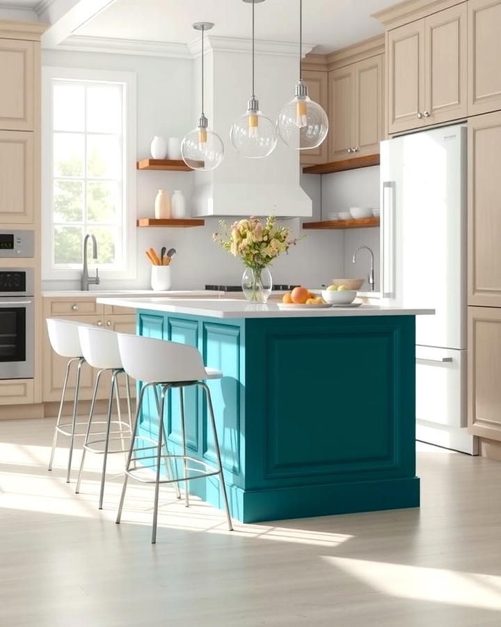 Teal Kitchen Island with White Stools - 25 Teal and White Kitchen Ideas