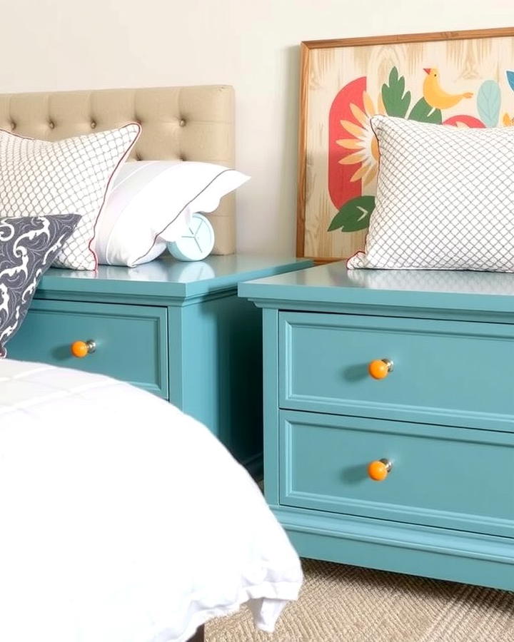 Teal Nightstands with Orange Hardware - 25 Teal and Orange Bedroom Ideas