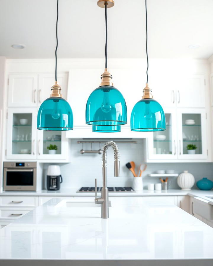 Teal Pendant Lights with White Interiors - 25 Teal and White Kitchen Ideas