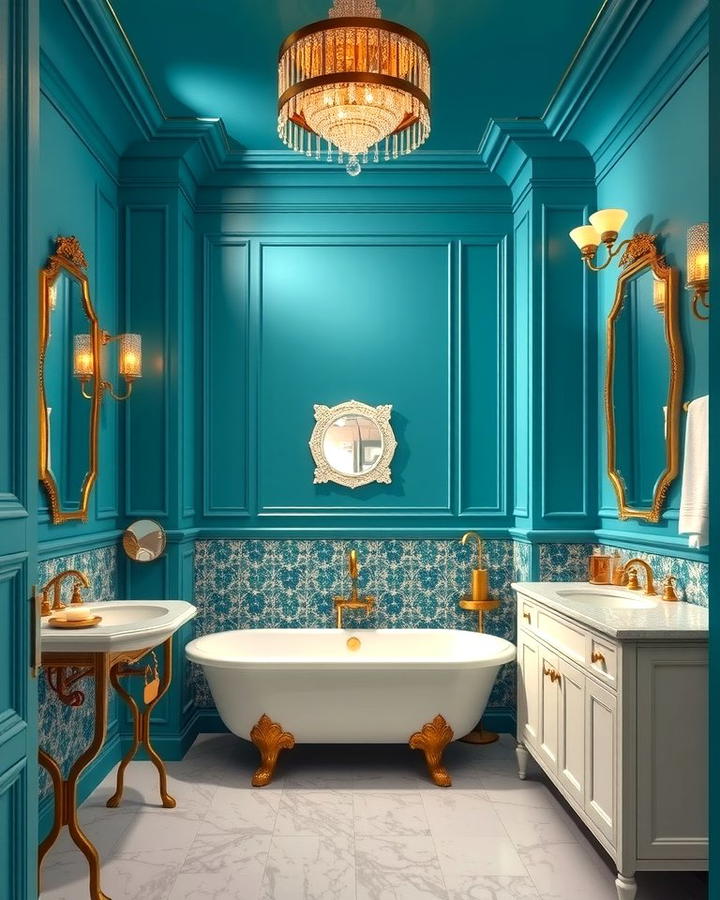 Teal Walls with Gold Accents - 30 Teal Bathroom Ideas