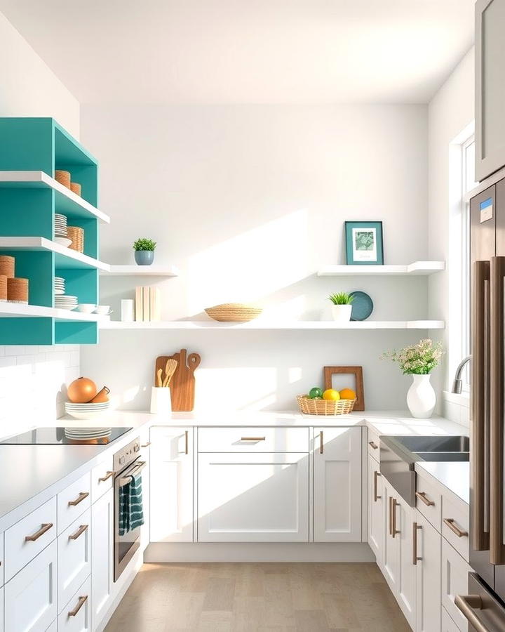 Teal and White Open Shelving - 25 Teal and White Kitchen Ideas