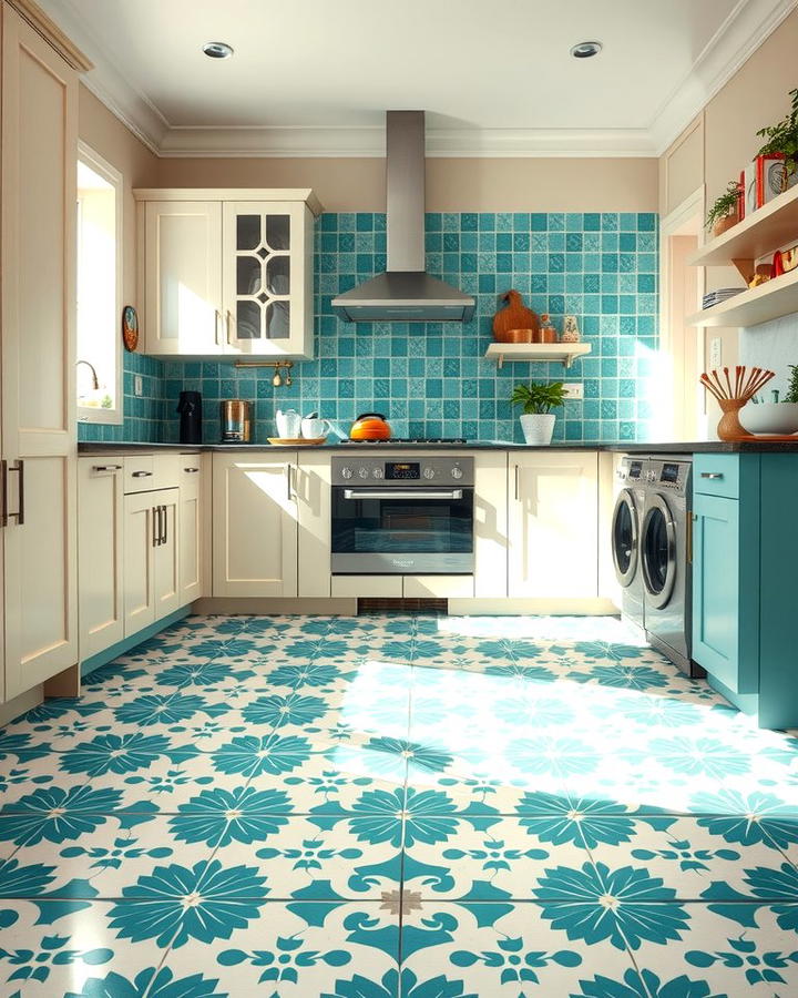 Teal and White Patterned Floor Tiles - 25 Teal and White Kitchen Ideas