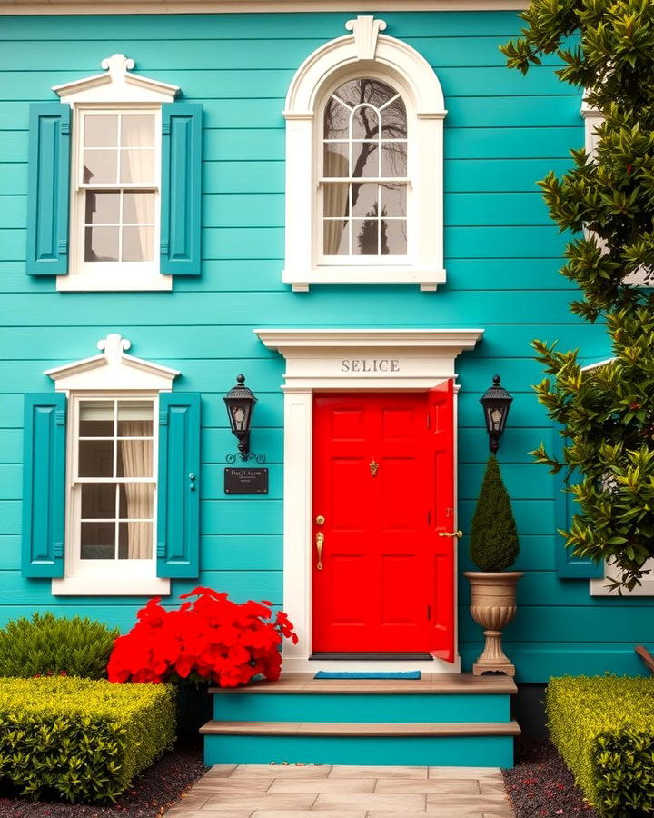 Teal and White with Bold Red Door - 25 Teal House Exterior Ideas