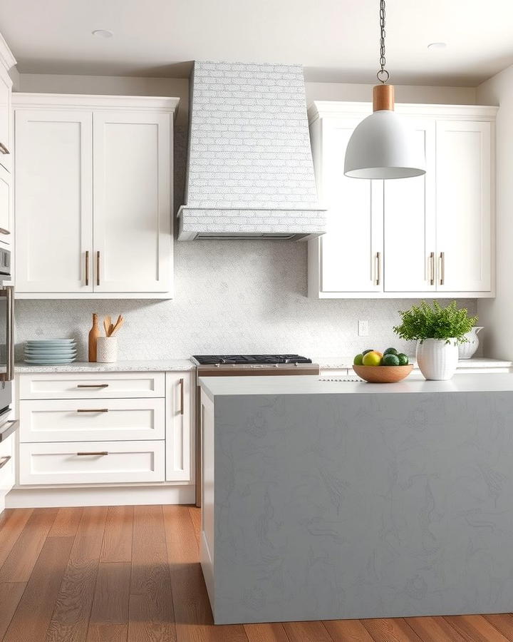 Textured White Cabinets with a Grey Island - 25 White Kitchen Cabinets With Grey Island Ideas