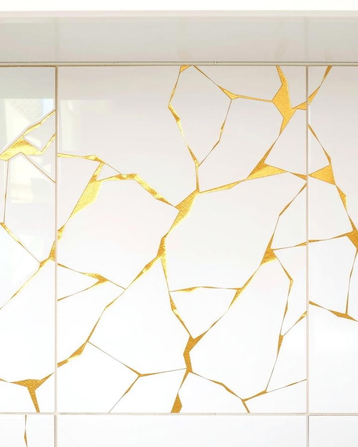 Textured White Tiles with Gold Grout - 25 White and Gold Kitchen Backsplash Ideas