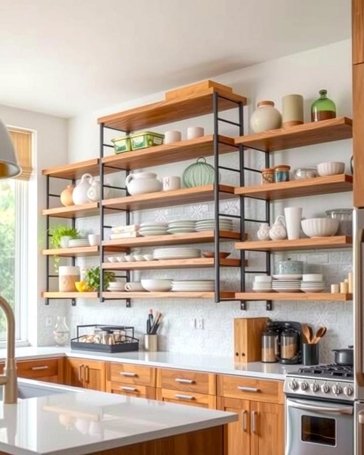 Tiered Shelving for Vertical Storage - 25 Open Shelving Kitchen Ideas