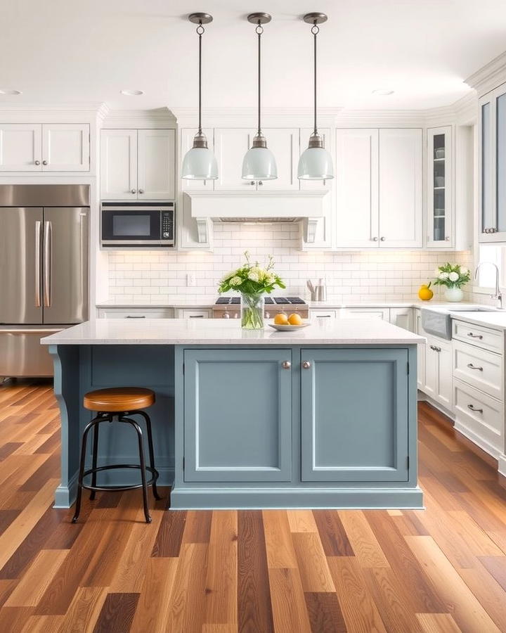 Timeless Appeal with White Cabinets and Powder Blue Island - 25 White Kitchen Cabinets With Blue Island